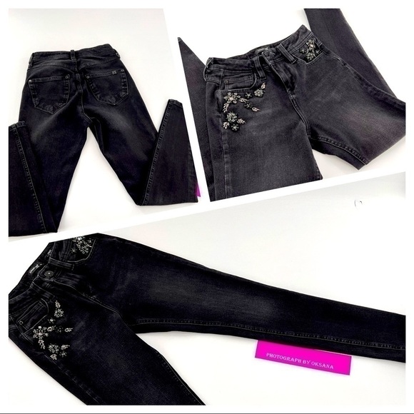 DOSHE Black Embroidery Skinny Jeans Size 26 High Waist ANGEL - Picture 1 of 9